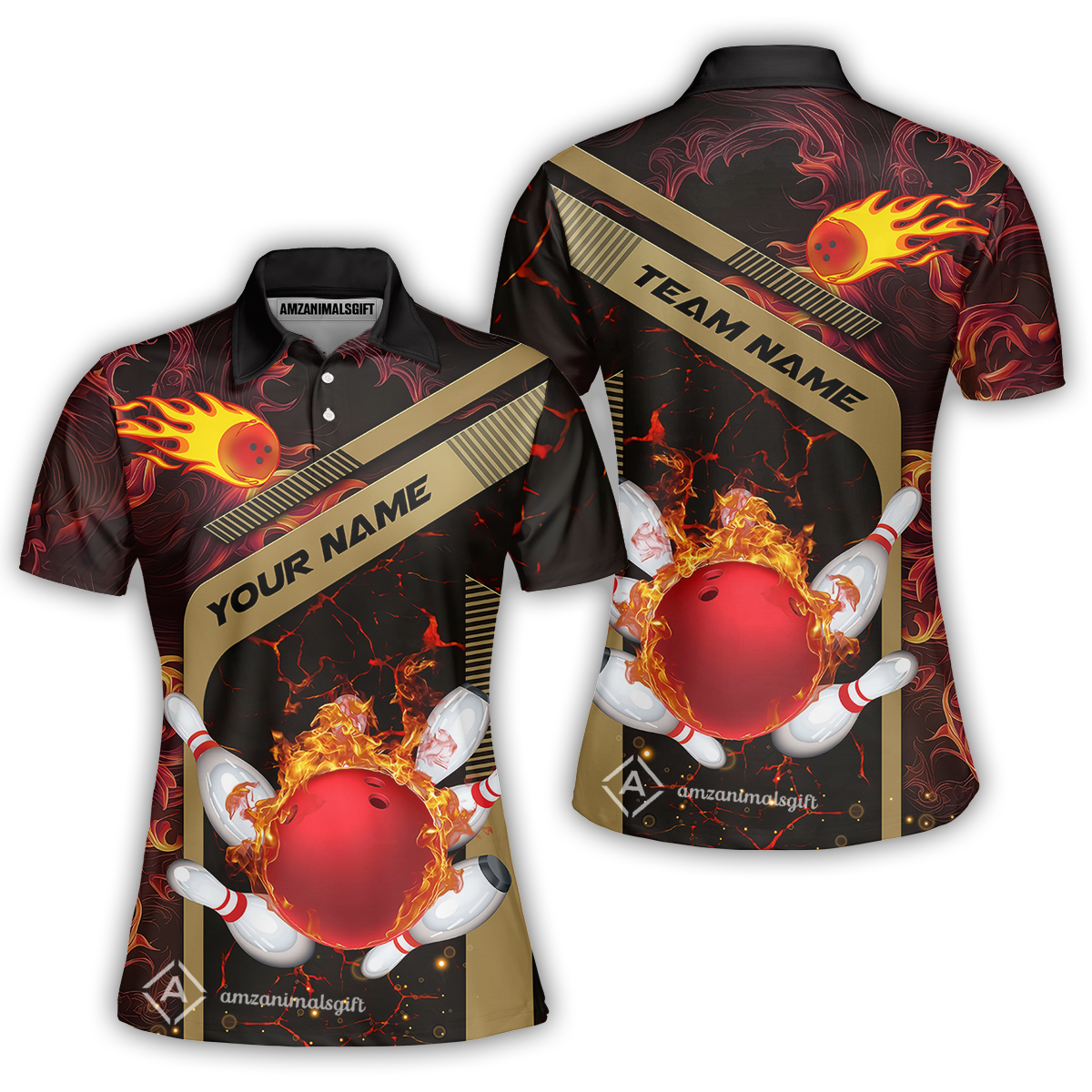Customized Bowling Women Polo Shirt, Bowling In Flaming With Magna Pattern Women Polo Shirt Uniform For Bowlers