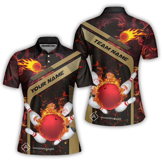 Customized Bowling Women Polo Shirt, Bowling In Flaming With Magna Pattern Women Polo Shirt Uniform For Bowlers