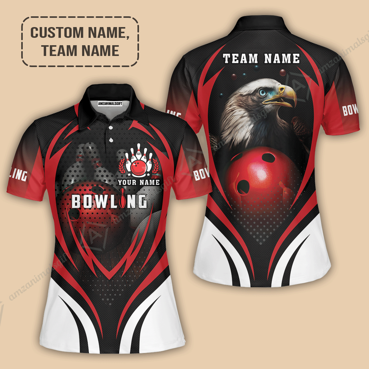 Customized Bowling Women Polo Shirt, Eagle Bowling Team Ten Pin  Personalized Red Black Shirt For Friend, Family, Bowling Players