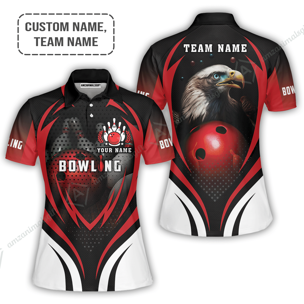 Customized Bowling Long Sleeve Polo Shirt, Eagle Bowling Team Ten Pin  Personalized Red Black Shirt For Friend, Family, Bowling Players