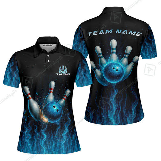 Customized Bowling Women Polo Shirt, Intense Blue Flame Strike Women Polo Shirt For Bowling Team, Bowlers