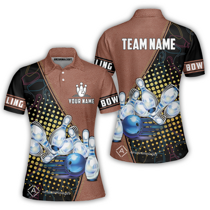 Customized Bowling Women Polo Shirt, Leather Pattern Bowling Strike Out Women Polo Shirt Multicolor Option For Bowlers
