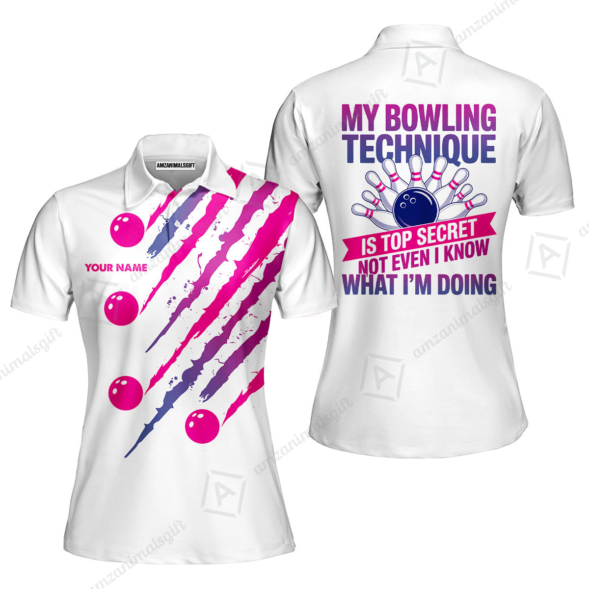 Customized Bowling Jersey, My Bowling Technique Is Top Secret - Personalized Name Stand Collar Quarter-zip Shirt