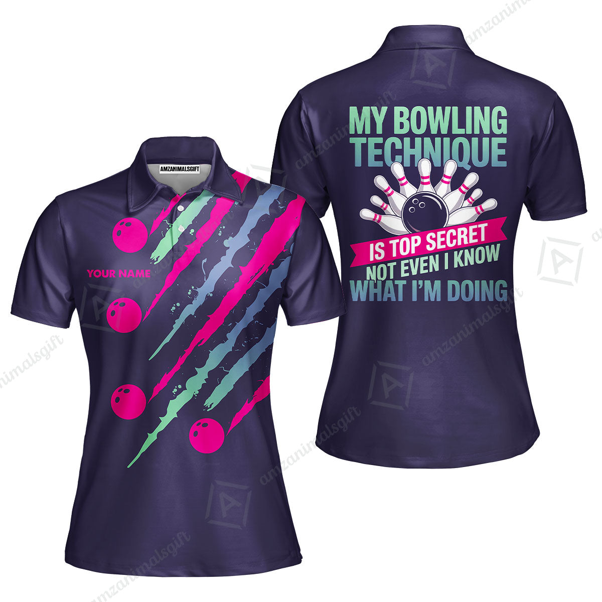Customized Bowling Jersey, My Bowling Technique Is Top Secret - Personalized Name Stand Collar Quarter-zip Shirt