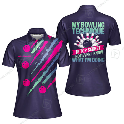 Customized Bowling Jersey, My Bowling Technique Is Top Secret - Personalized Name Stand Collar Quarter-zip Shirt