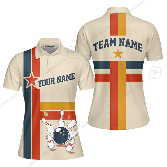Customized Bowling Women Polo Shirt, Vintage Americana Bowling Style Women Polo Shirt For Bowling Team, Bowlers