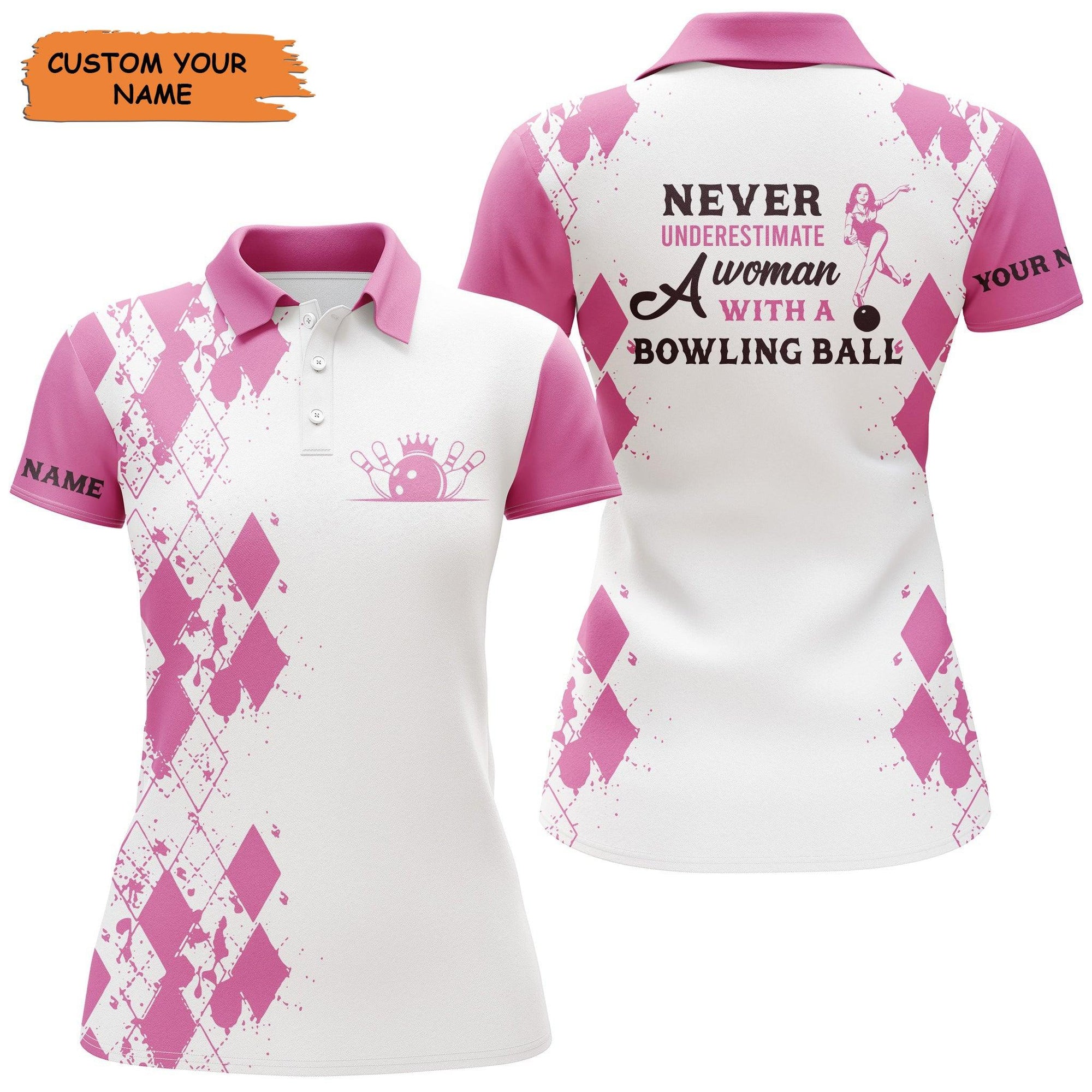Customized Bowling Women Polo Shirts, Pink White Shirts Personalized A Woman With A Bowling Ball - Perfect Gift For Bowling Lovers, Bowlers - Amzanimalsgift