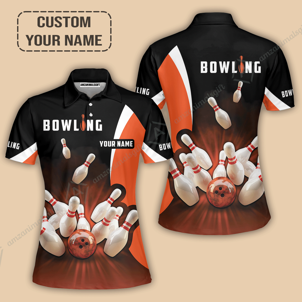 Customized Bowling Women Polo Shirt, Ten Pin Strike Bowling Personalized Orange Black Shirt For Friend, Family, Bowling Players