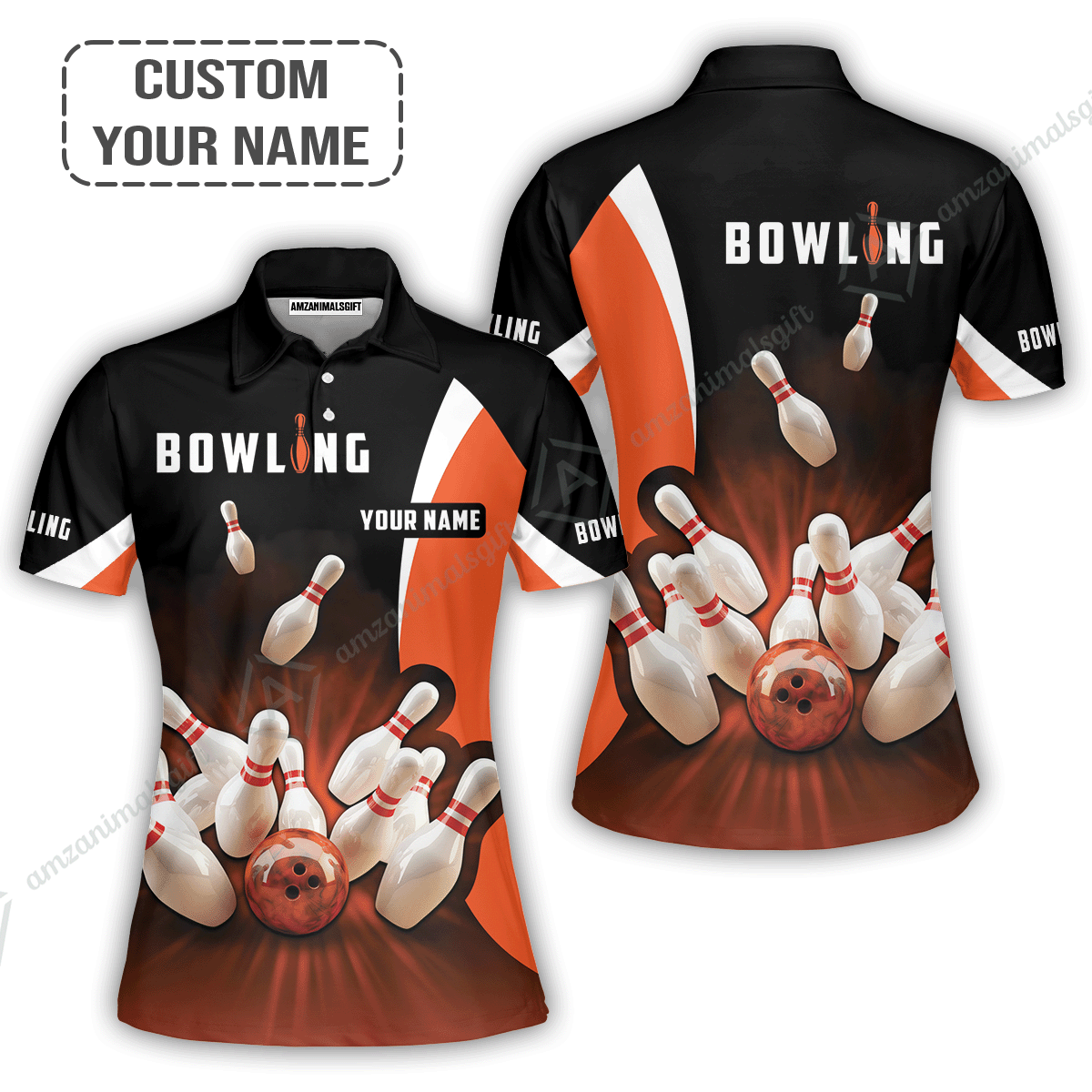 Customized Bowling Women Polo Shirt, Ten Pin Strike Bowling Personalized Orange Black Shirt For Friend, Family, Bowling Players