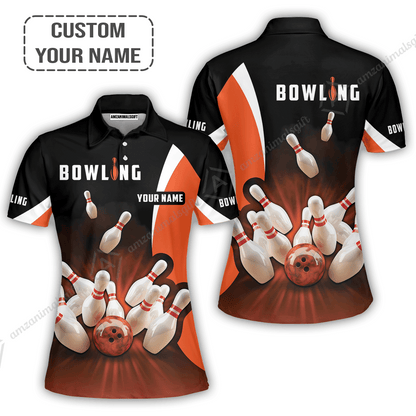 Customized Bowling Women Polo Shirt, Ten Pin Strike Bowling Personalized Orange Black Shirt For Friend, Family, Bowling Players