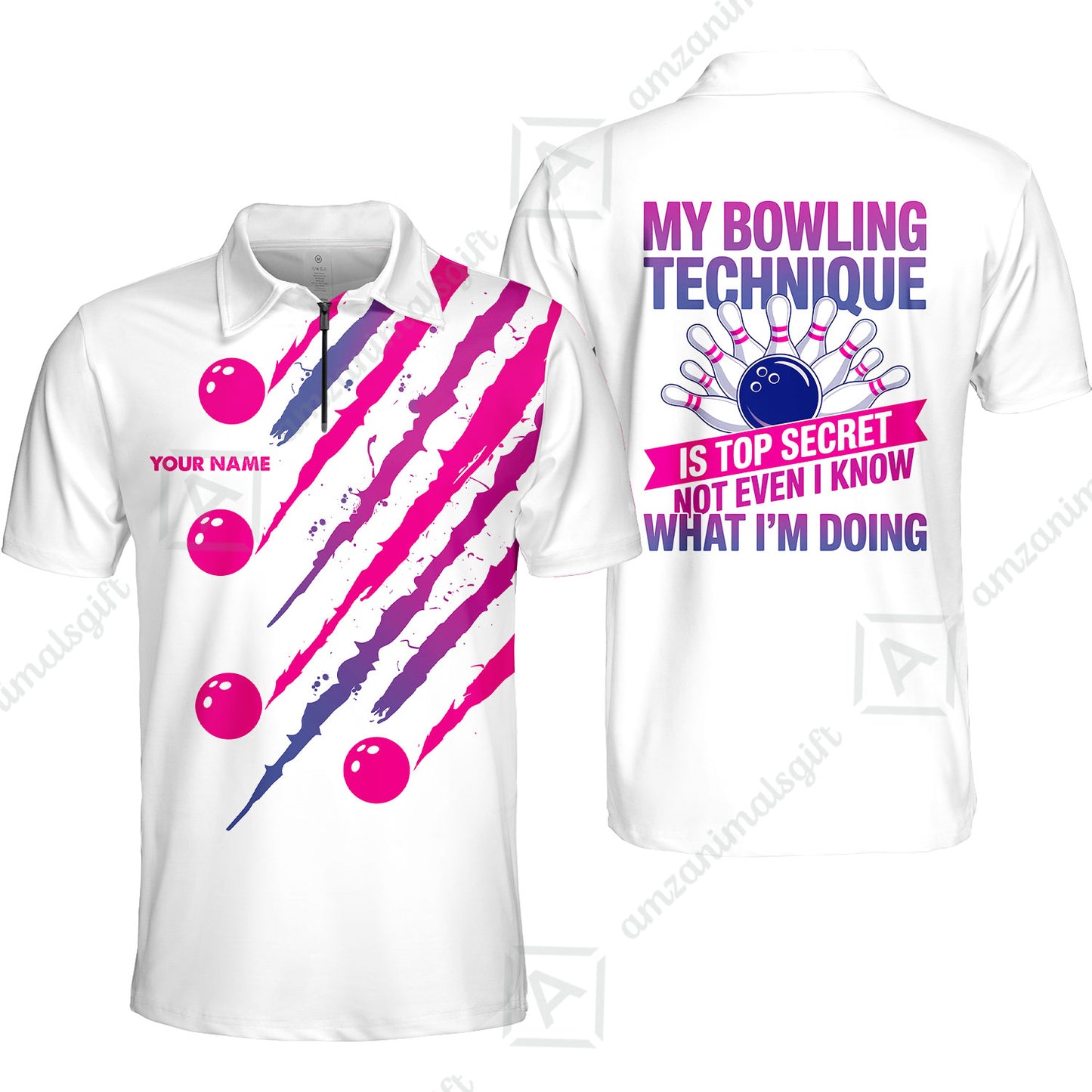 Customized Bowling Jersey, My Bowling Technique Is Top Secret - Personalized Name Stand Collar Quarter-zip Shirt