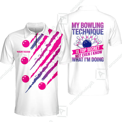 Customized Bowling Jersey, My Bowling Technique Is Top Secret - Personalized Name Stand Collar Quarter-zip Shirt