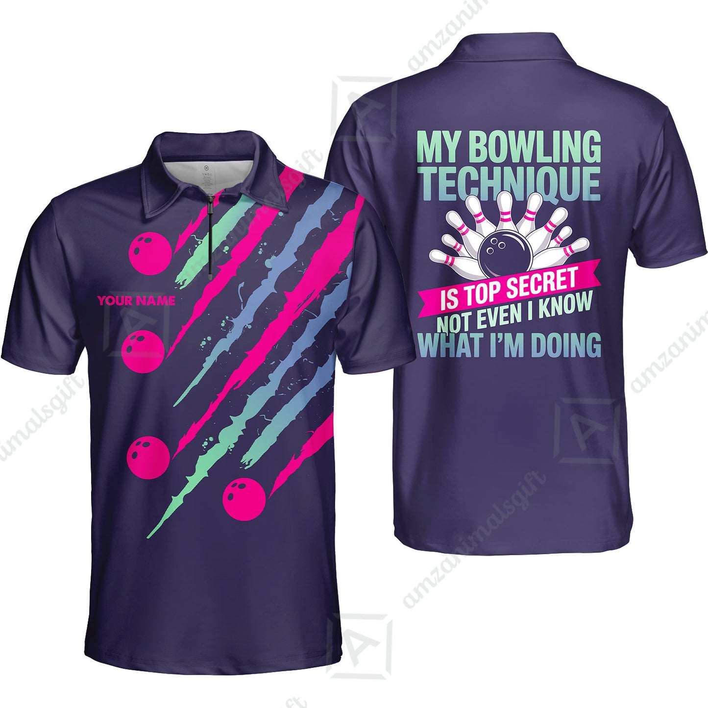 Customized Bowling Jersey, My Bowling Technique Is Top Secret - Personalized Name Stand Collar Quarter-zip Shirt