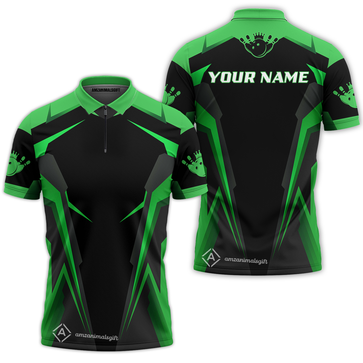Customized Bowling Polo Shirt, Black And Green Bowling Polo Shirt, Perfect Outfit For Bowlers