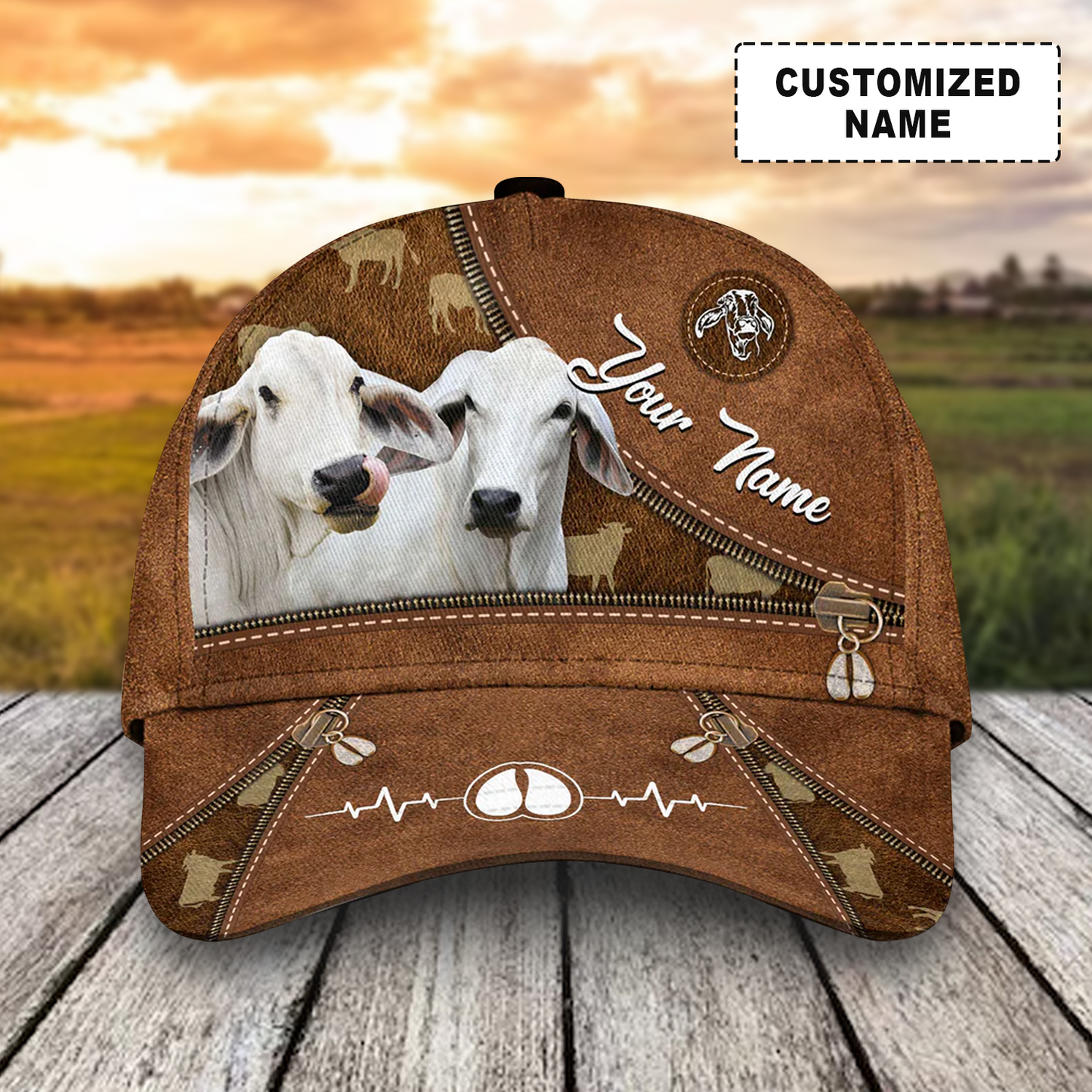 Customized Brahman Cattle Caps, Brahman Cow Heart Line Zipper Pattern Brown Hats, Best Farm Hat For Men Women Farmer