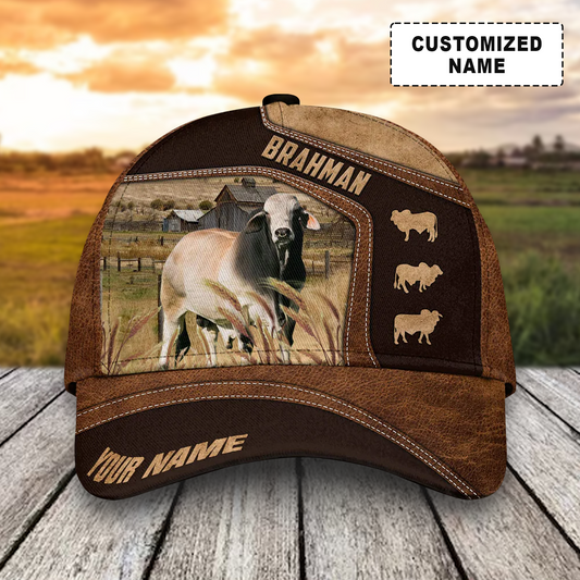 Customized Brahman Cattle Caps, Brahman On Farm Cow Pattern Dark Brown Hats, Best Farm Hat For Men Women Farmer