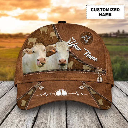 Customized Charolais Cattle Caps, Charolais Cow Heart Line Zipper Pattern Brown Hats, Best Farm Hat For Men Women Farmer