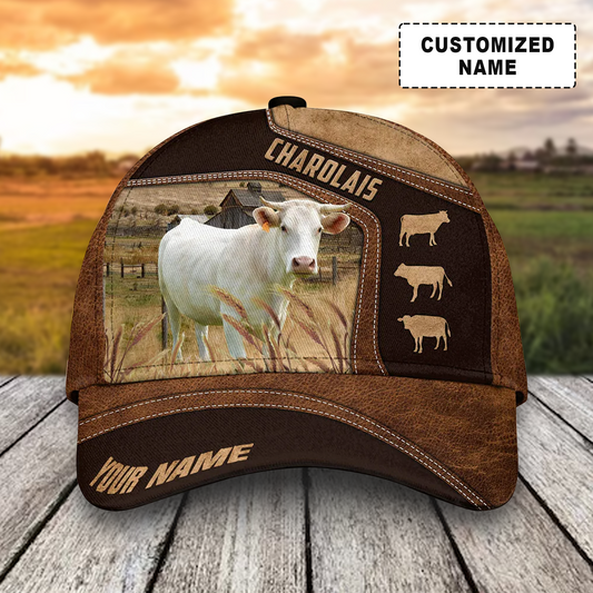 Customized Charolais Cattle Caps, Charolais On Farm Cow Pattern Dark Brown Hats, Best Farm Hat For Men Women Farmer
