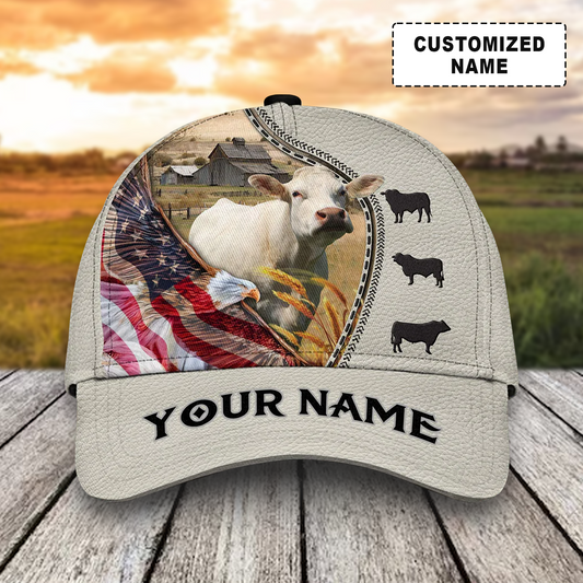 Customized Charolais Cattle Caps Hat, Charolais Cow Patriotic Eagle White Caps, Best Hat For Men Women July 4th