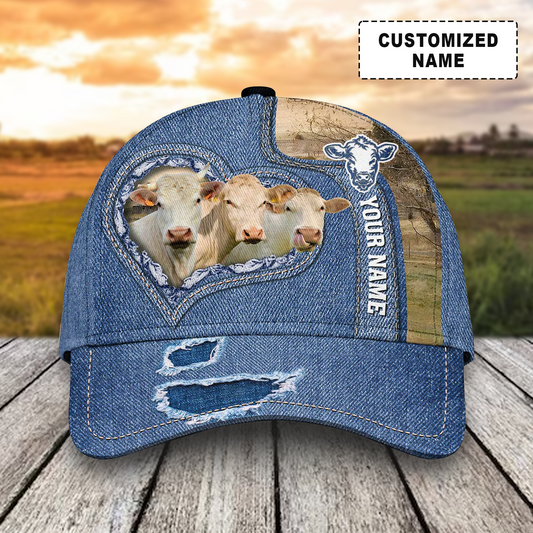 Customized Charolais Cattle Cow Caps, Charolais Cow And Denim Pattern Hats, Best Farm Hat For Men Women Farmer