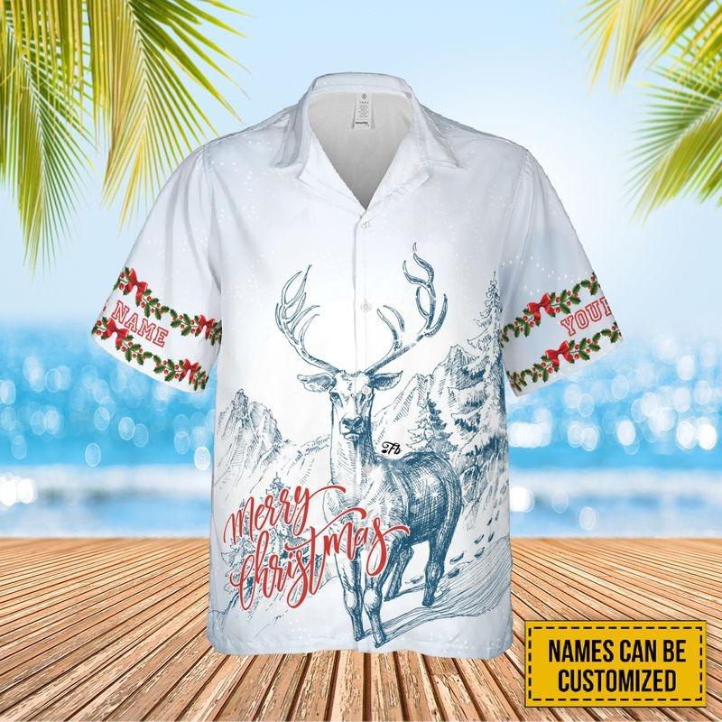 Customized Christmas Aloha Hawaiian Shirt - Deer Christmas Sketch Art Hawaiian Shirt, Christmas Pattern Hawaiian Shirt For Men & Women, Christmas Gift - Amzanimalsgift