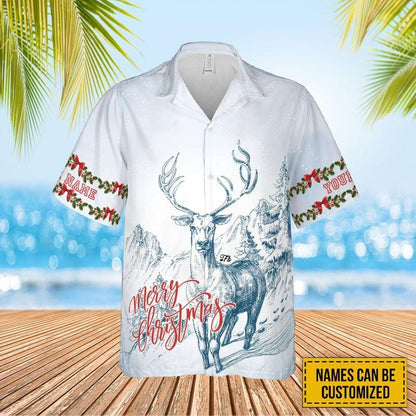 Customized Christmas Aloha Hawaiian Shirt - Deer Christmas Sketch Art Hawaiian Shirt, Christmas Pattern Hawaiian Shirt For Men & Women, Christmas Gift - Amzanimalsgift
