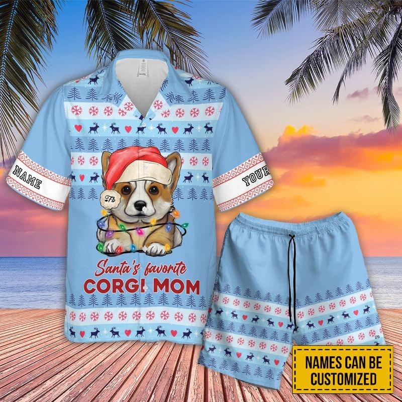 Customized Corgi Aloha Hawaiian Shirt - Santa's Favorite Corgi Mom Hawaiian Shirt, Cute Corgi Puppy Hawaiian Shirt For Men & Women, Christmas Gift - Amzanimalsgift