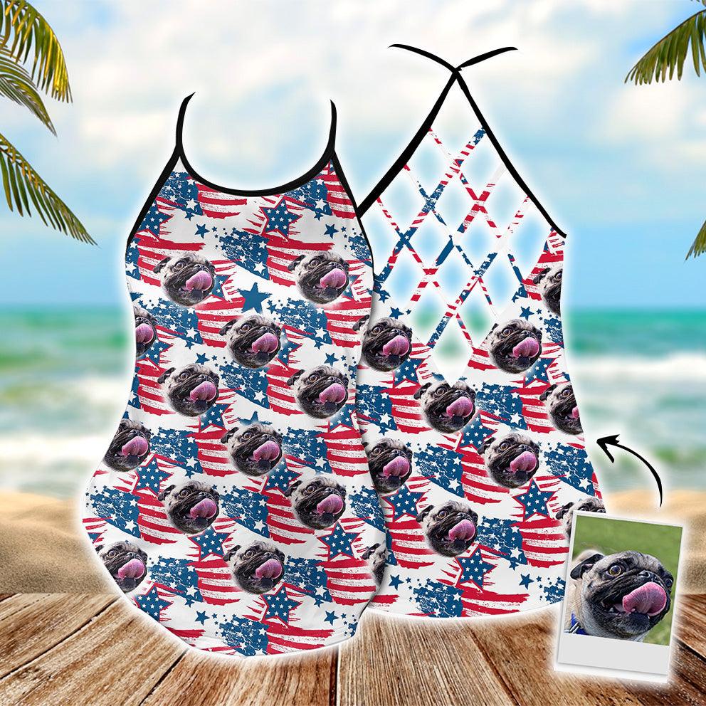 Customized Criss Cross Tank Top With Pet Face - American Flag Pattern Open Back Tank Top - Gift For Women, Pet Lovers, Puppy Lovers - Amzanimalsgift