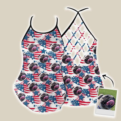 Customized Criss Cross Tank Top With Pet Face - American Flag Pattern Open Back Tank Top - Gift For Women, Pet Lovers, Puppy Lovers - Amzanimalsgift