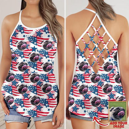 Customized Criss Cross Tank Top With Pet Face - American Flag Pattern Open Back Tank Top - Gift For Women, Pet Lovers, Puppy Lovers - Amzanimalsgift