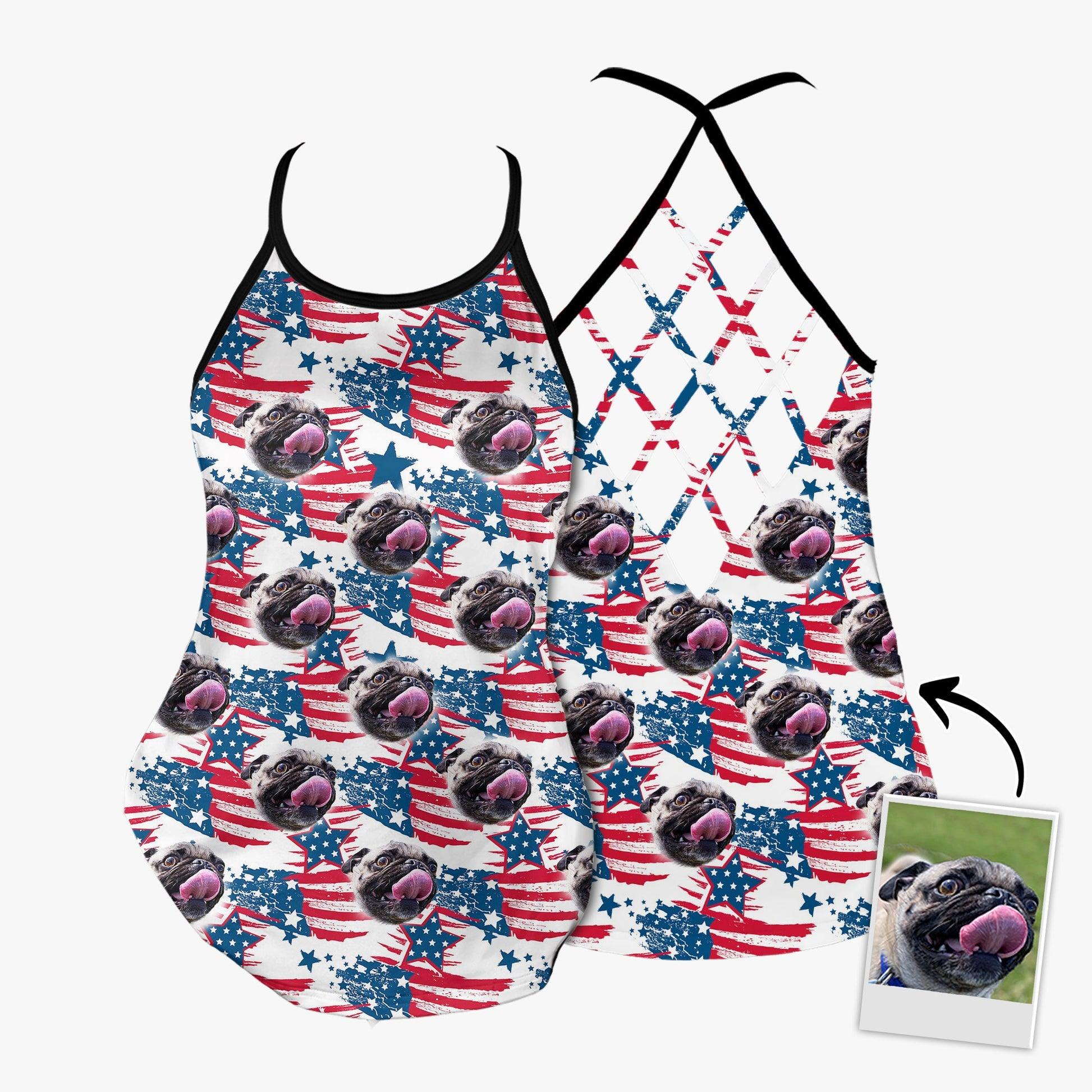 Customized Criss Cross Tank Top With Pet Face - American Flag Pattern Open Back Tank Top - Gift For Women, Pet Lovers, Puppy Lovers - Amzanimalsgift