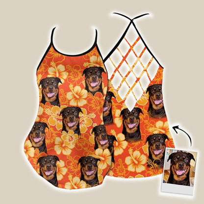 Customized Criss Cross Tank Top With Pet Face - Flowers Pattern Neon-Orange Color Open Back Tank Top - Gift For Women, Pet Lovers, Puppy Lovers - Amzanimalsgift