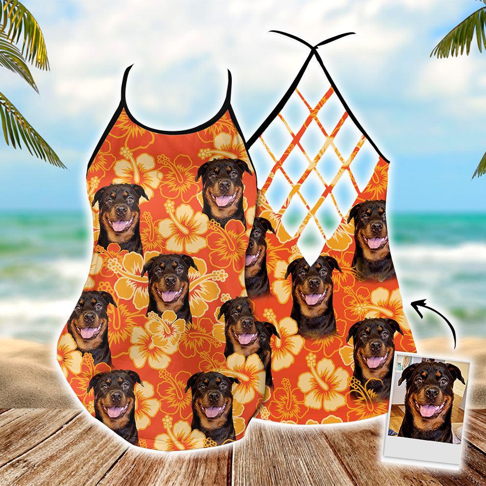 Customized Criss Cross Tank Top With Pet Face - Flowers Pattern Neon-Orange Color Open Back Tank Top - Gift For Women, Pet Lovers, Puppy Lovers - Amzanimalsgift