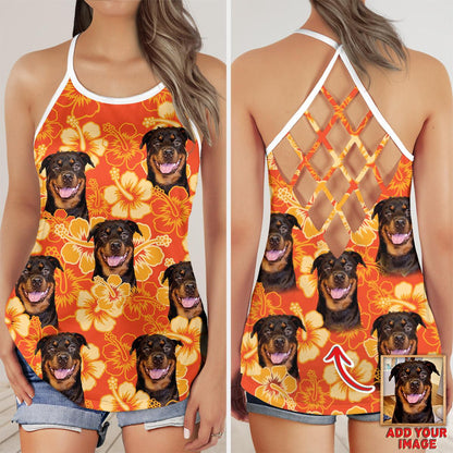 Customized Criss Cross Tank Top With Pet Face - Flowers Pattern Neon-Orange Color Open Back Tank Top - Gift For Women, Pet Lovers, Puppy Lovers - Amzanimalsgift