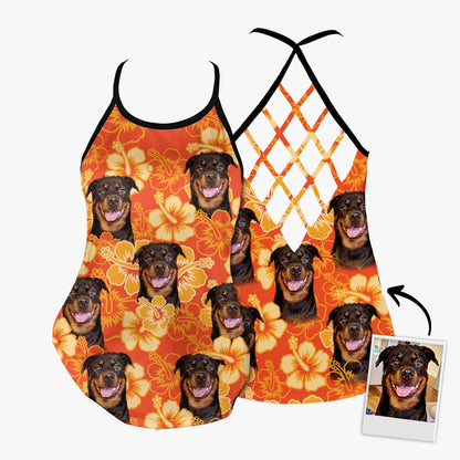Customized Criss Cross Tank Top With Pet Face - Flowers Pattern Neon-Orange Color Open Back Tank Top - Gift For Women, Pet Lovers, Puppy Lovers - Amzanimalsgift