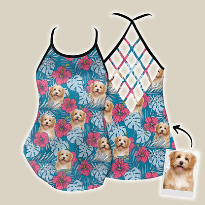 Customized Criss Cross Tank Top With Pet Face - Hibiscus Flowers Pattern Blue Color Open Back Tank Top - Gift For Women, Pet Lovers, Puppy Lovers - Amzanimalsgift