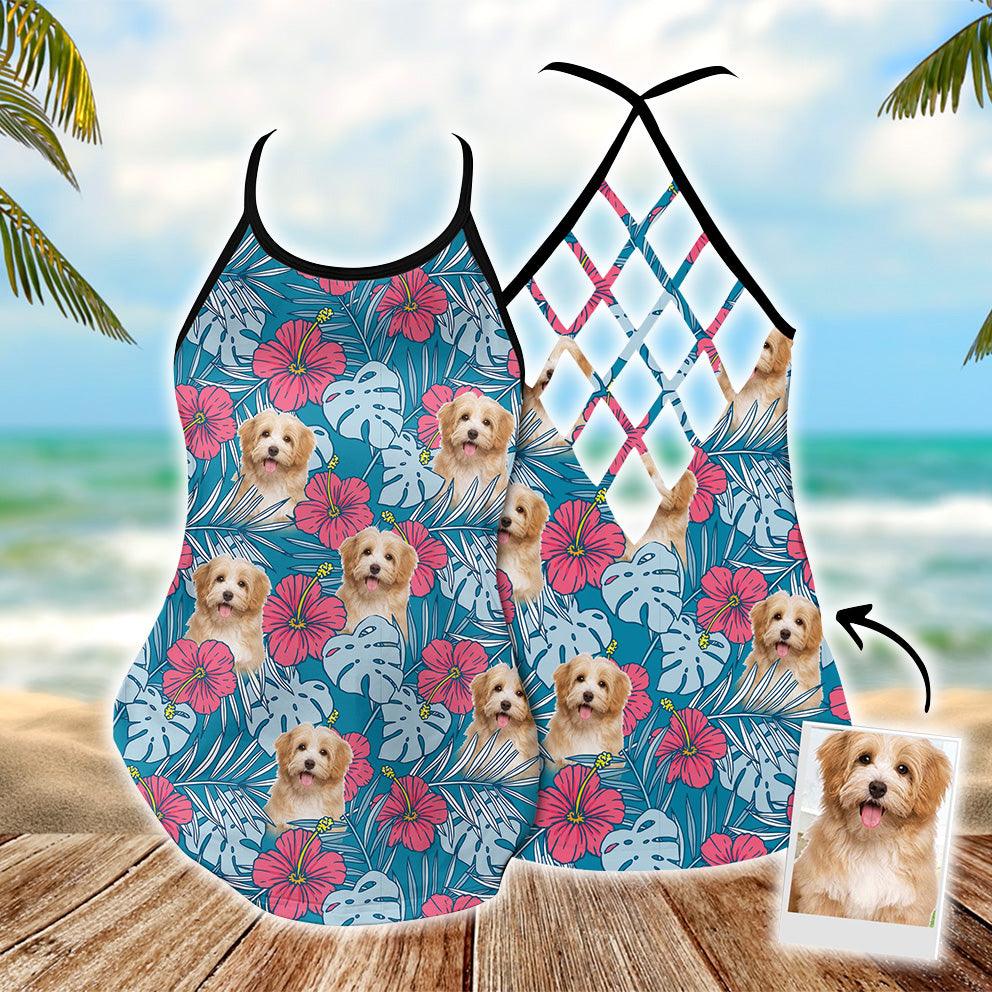 Customized Criss Cross Tank Top With Pet Face - Hibiscus Flowers Pattern Blue Color Open Back Tank Top - Gift For Women, Pet Lovers, Puppy Lovers - Amzanimalsgift