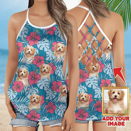 Customized Criss Cross Tank Top With Pet Face - Hibiscus Flowers Pattern Blue Color Open Back Tank Top - Gift For Women, Pet Lovers, Puppy Lovers - Amzanimalsgift