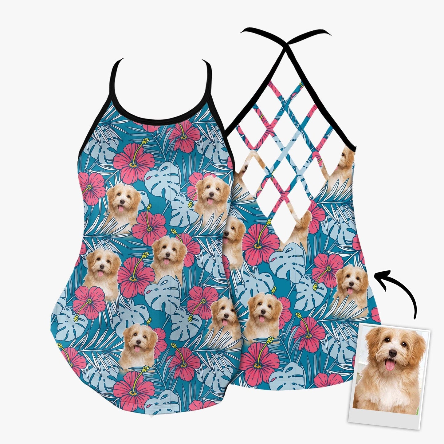 Customized Criss Cross Tank Top With Pet Face - Hibiscus Flowers Pattern Blue Color Open Back Tank Top - Gift For Women, Pet Lovers, Puppy Lovers - Amzanimalsgift