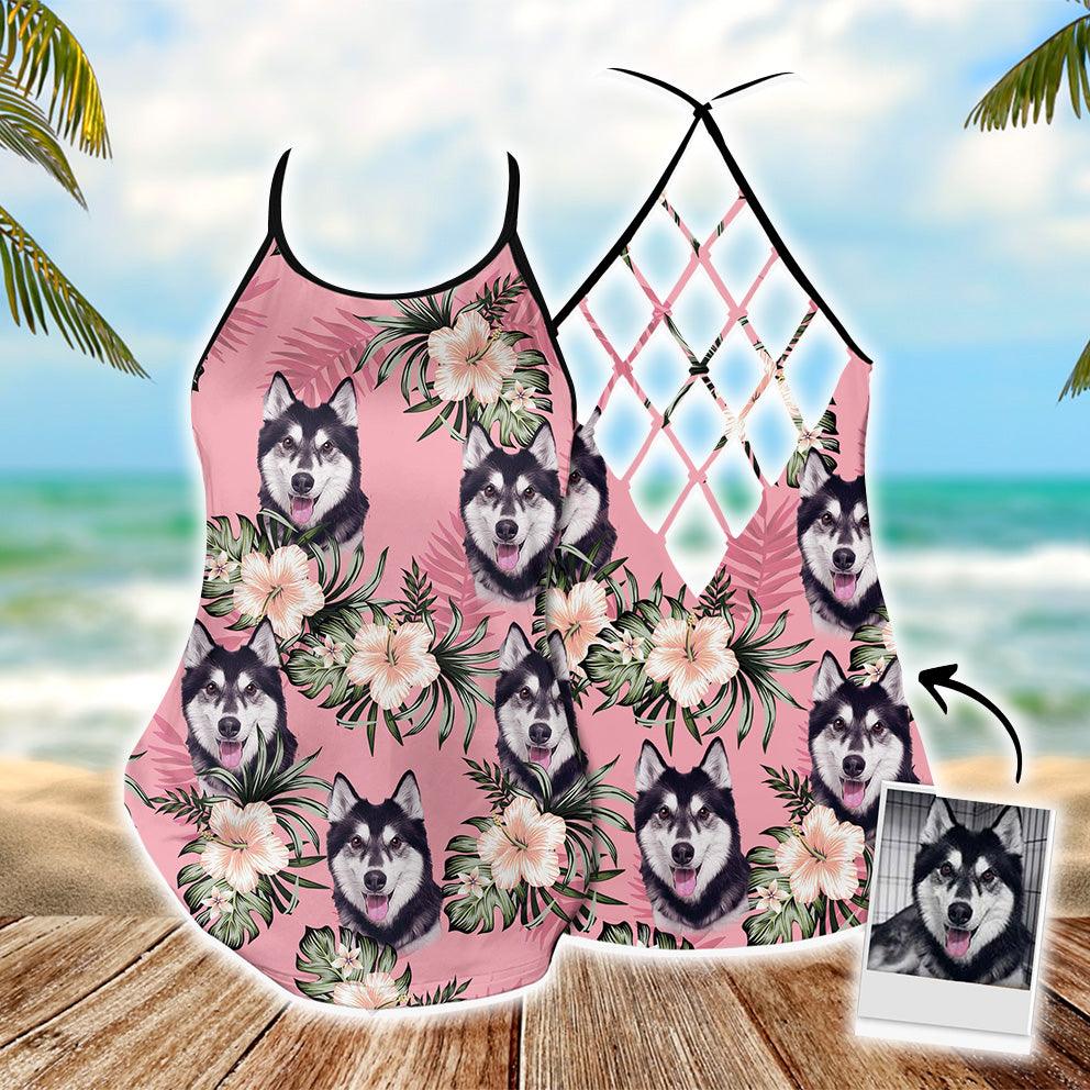 Customized Criss Cross Tank Top With Pet Face - Hibiscus Flowers Pattern Pink Color Open Back Tank Top - Gift For Women, Pet Lovers, Puppy Lovers - Amzanimalsgift