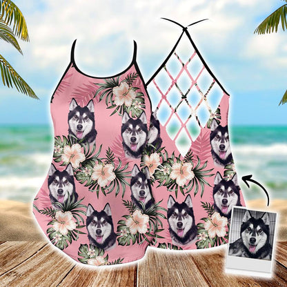 Customized Criss Cross Tank Top With Pet Face - Hibiscus Flowers Pattern Pink Color Open Back Tank Top - Gift For Women, Pet Lovers, Puppy Lovers - Amzanimalsgift