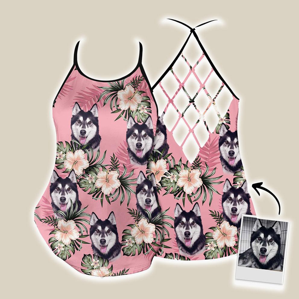 Customized Criss Cross Tank Top With Pet Face - Hibiscus Flowers Pattern Pink Color Open Back Tank Top - Gift For Women, Pet Lovers, Puppy Lovers - Amzanimalsgift