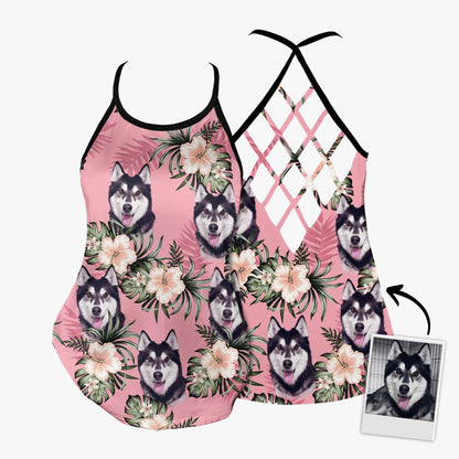 Customized Criss Cross Tank Top With Pet Face - Hibiscus Flowers Pattern Pink Color Open Back Tank Top - Gift For Women, Pet Lovers, Puppy Lovers - Amzanimalsgift