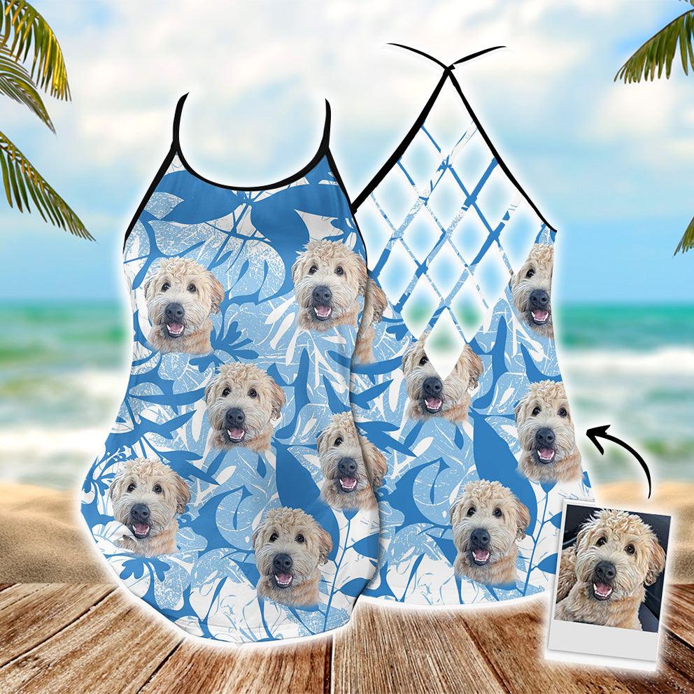 Customized Criss Cross Tank Top With Pet Face - Leaves & Flowers Pattern Blue Color Open Back Tank Top - Gift For Women, Pet Lovers, Puppy Lovers - Amzanimalsgift