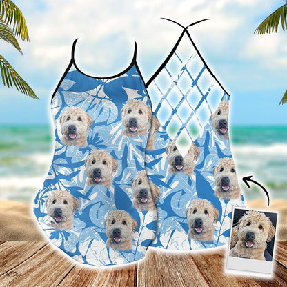 Customized Criss Cross Tank Top With Pet Face - Leaves & Flowers Pattern Blue Color Open Back Tank Top - Gift For Women, Pet Lovers, Puppy Lovers - Amzanimalsgift