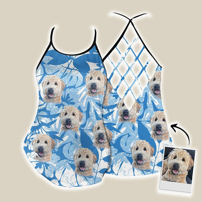 Customized Criss Cross Tank Top With Pet Face - Leaves & Flowers Pattern Blue Color Open Back Tank Top - Gift For Women, Pet Lovers, Puppy Lovers - Amzanimalsgift