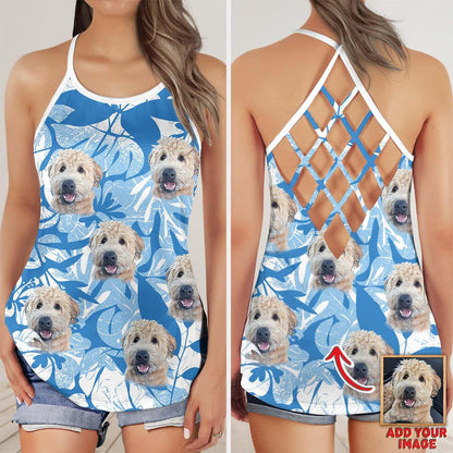 Customized Criss Cross Tank Top With Pet Face - Leaves & Flowers Pattern Blue Color Open Back Tank Top - Gift For Women, Pet Lovers, Puppy Lovers - Amzanimalsgift