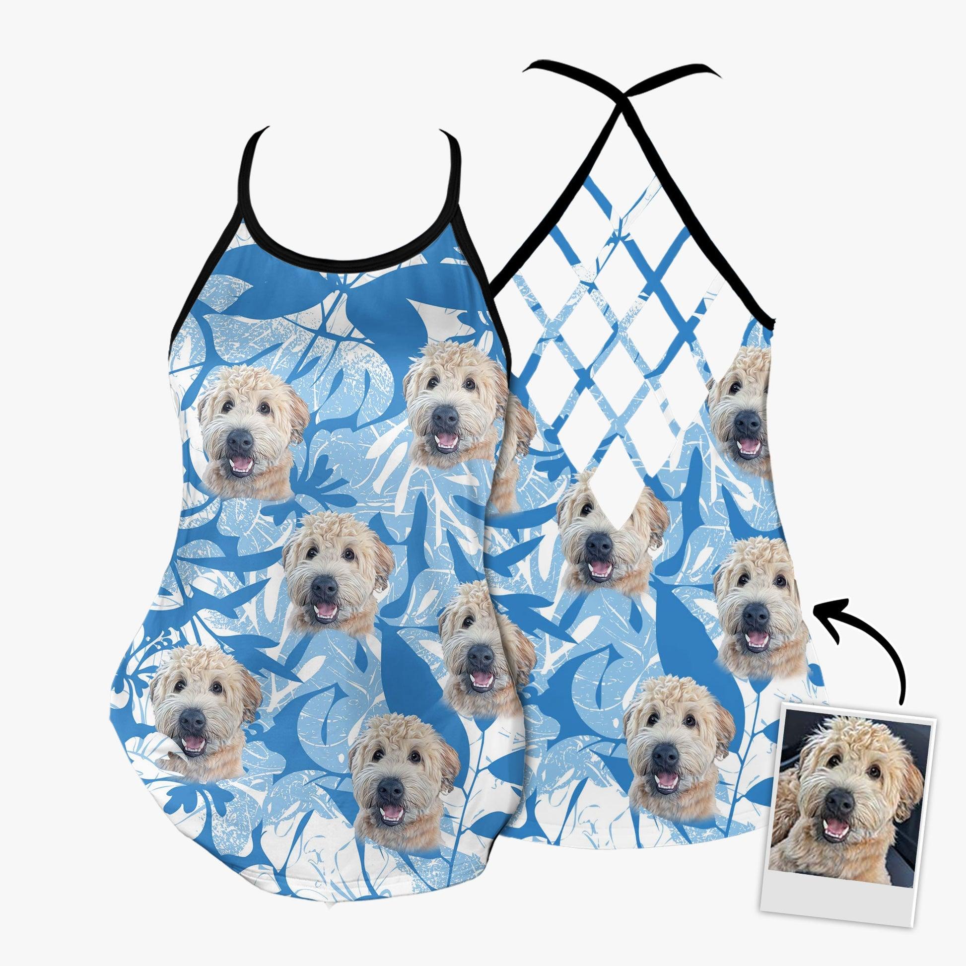Customized Criss Cross Tank Top With Pet Face - Leaves & Flowers Pattern Blue Color Open Back Tank Top - Gift For Women, Pet Lovers, Puppy Lovers - Amzanimalsgift