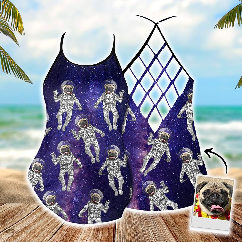 Customized Criss Cross Tank Top With Pet Face - Space Galaxy Pattern Open Back Tank Top - Gift For Women, Pet Lovers - Amzanimalsgift