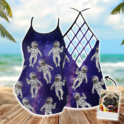 Customized Criss Cross Tank Top With Pet Face - Space Galaxy Pattern Open Back Tank Top - Gift For Women, Pet Lovers - Amzanimalsgift
